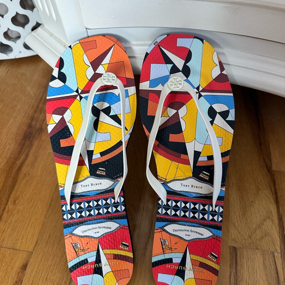Tory Burch Multicolor Geometric Print Flip Flop Sandals with White Straps